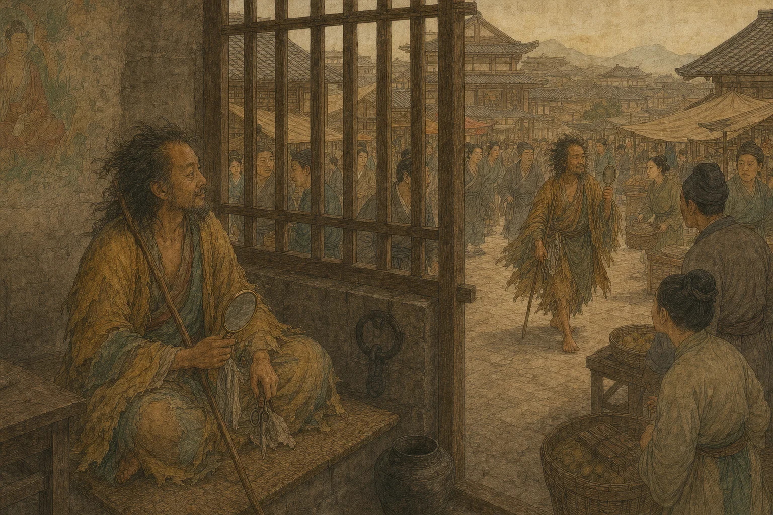 宝志同时出现在牢中与南朝市集的中国古代手卷风配图