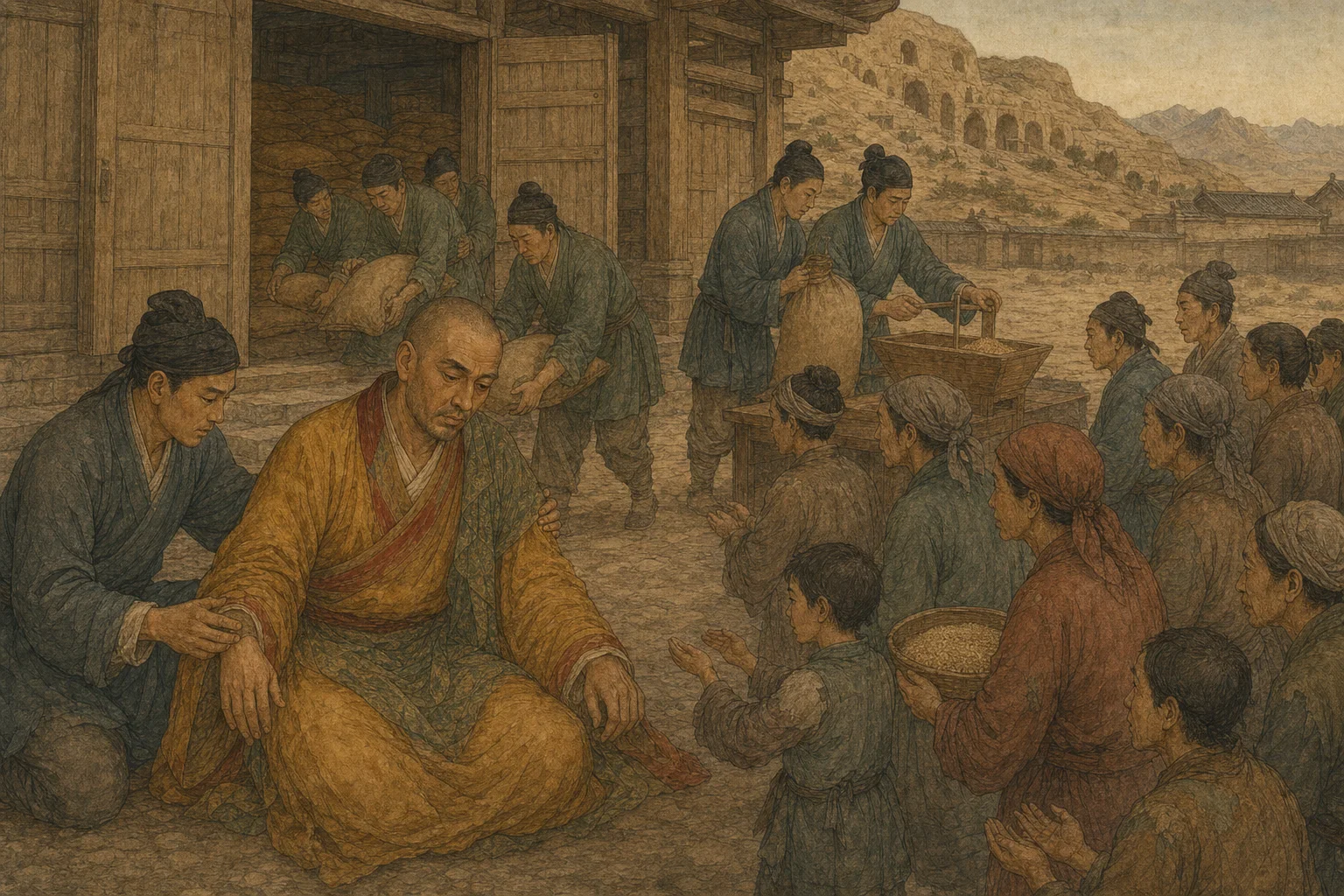 张掖饥荒中粮仓开放救济百姓而法进由弟子扶持的中国古代绘卷风配图