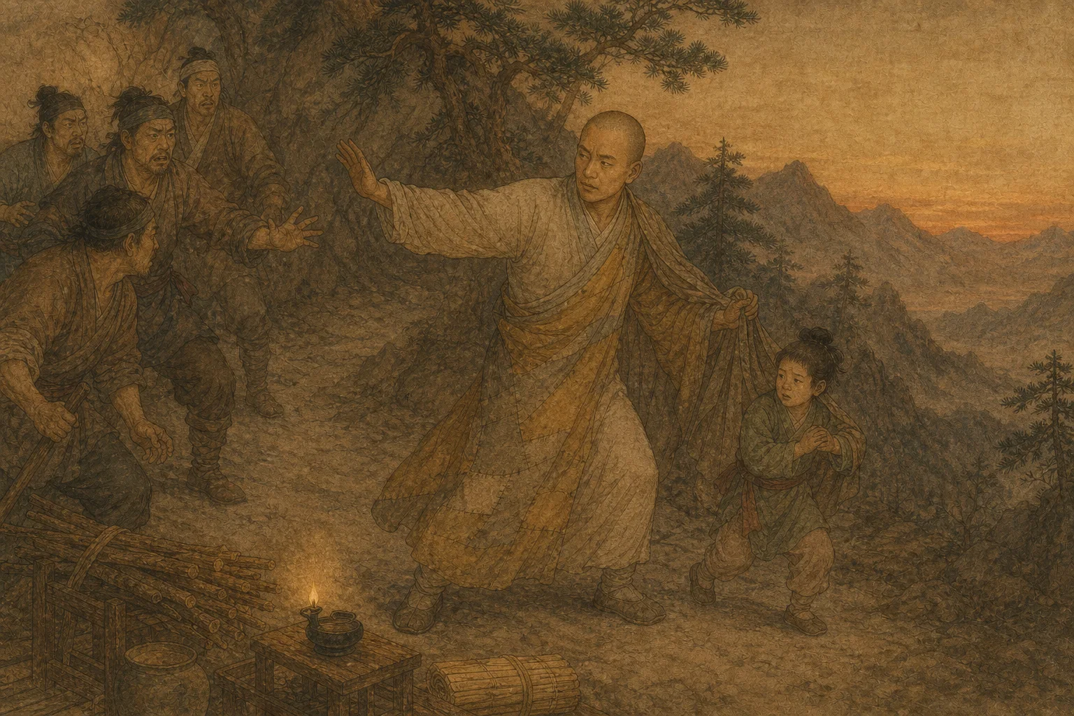 僧富在山路上挡住强盗保护孩子的中国古代绘卷风配图