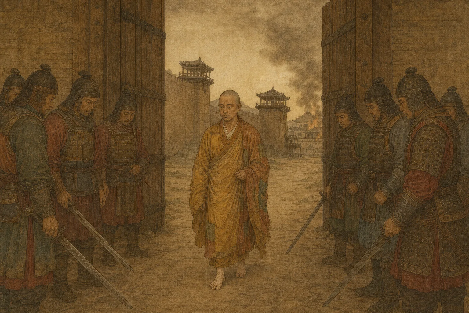 白足和尚昙始走入北魏宫门而持刀卫士迟疑的中国古代绘卷风配图