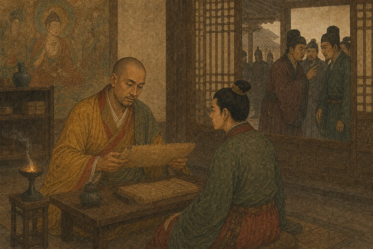 玄高向北魏太子讲法而屏风后官员密议的中国古代绘卷风配图